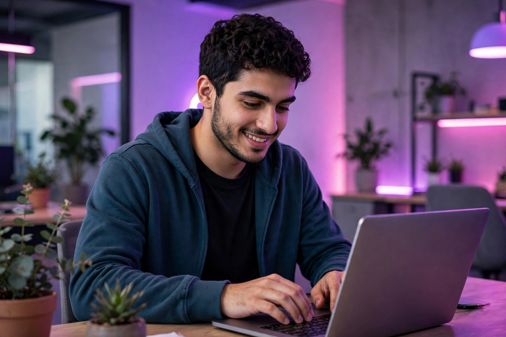 شاب عربي يكتب كودا على اللابتوب في مكان عمل حديث