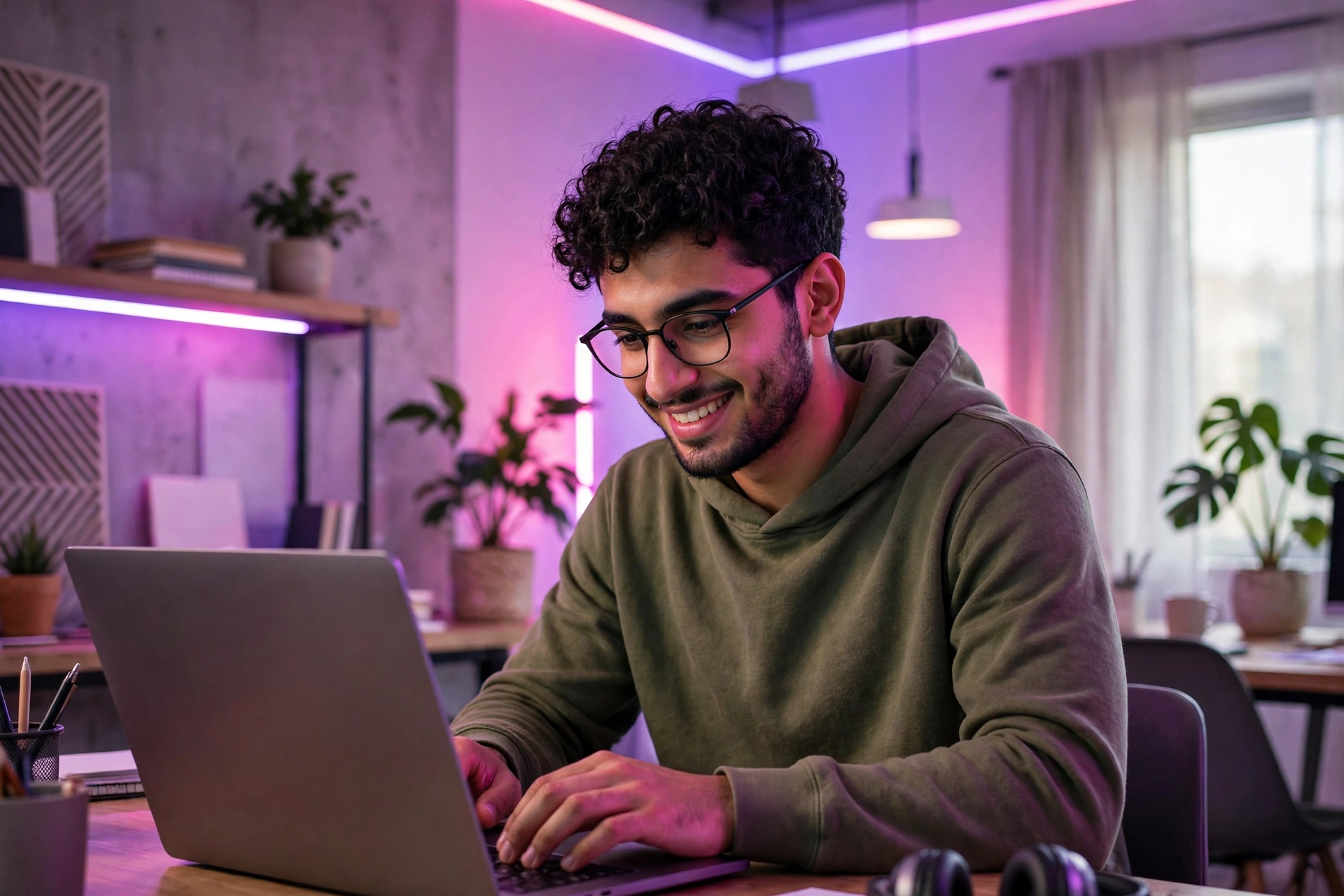 شاب عربي يتعلم أساسيات البرمجة على اللابتوب