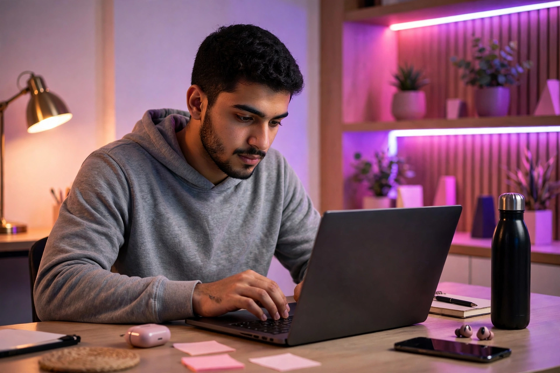 شاب عربي يكتب كود جافا على اللابتوب في مكان عمل حديث
