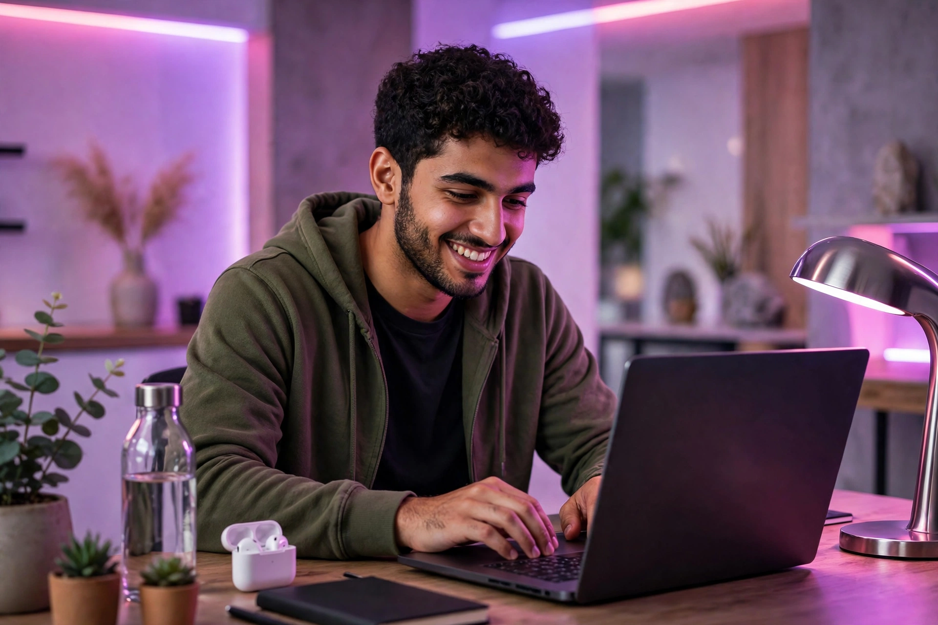 شاب عربي يبرمج موقعا على اللابتوب في مكان عمل حديث