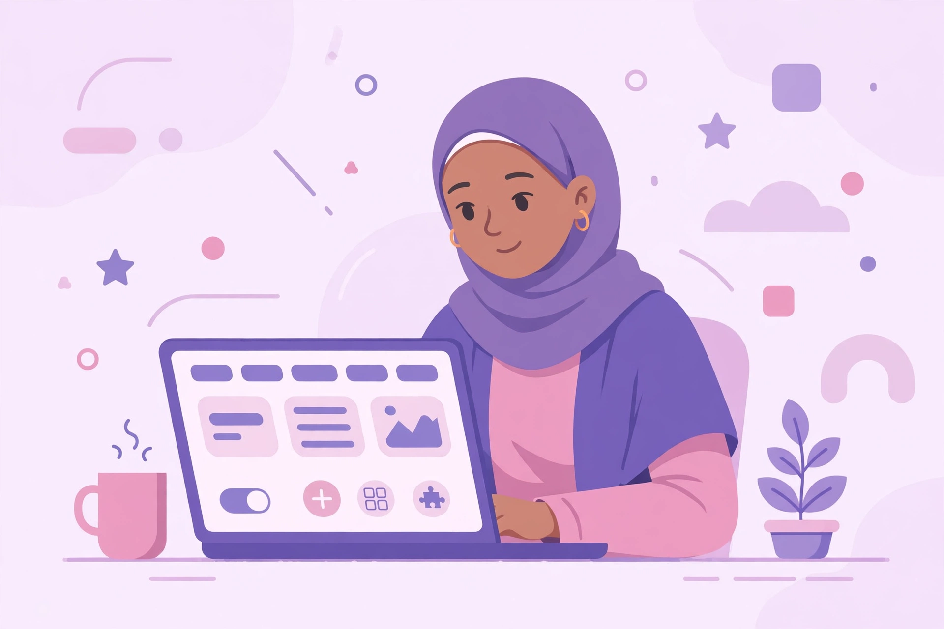 شابة محجبة تبني موقعا تفاعليا على اللابتوب