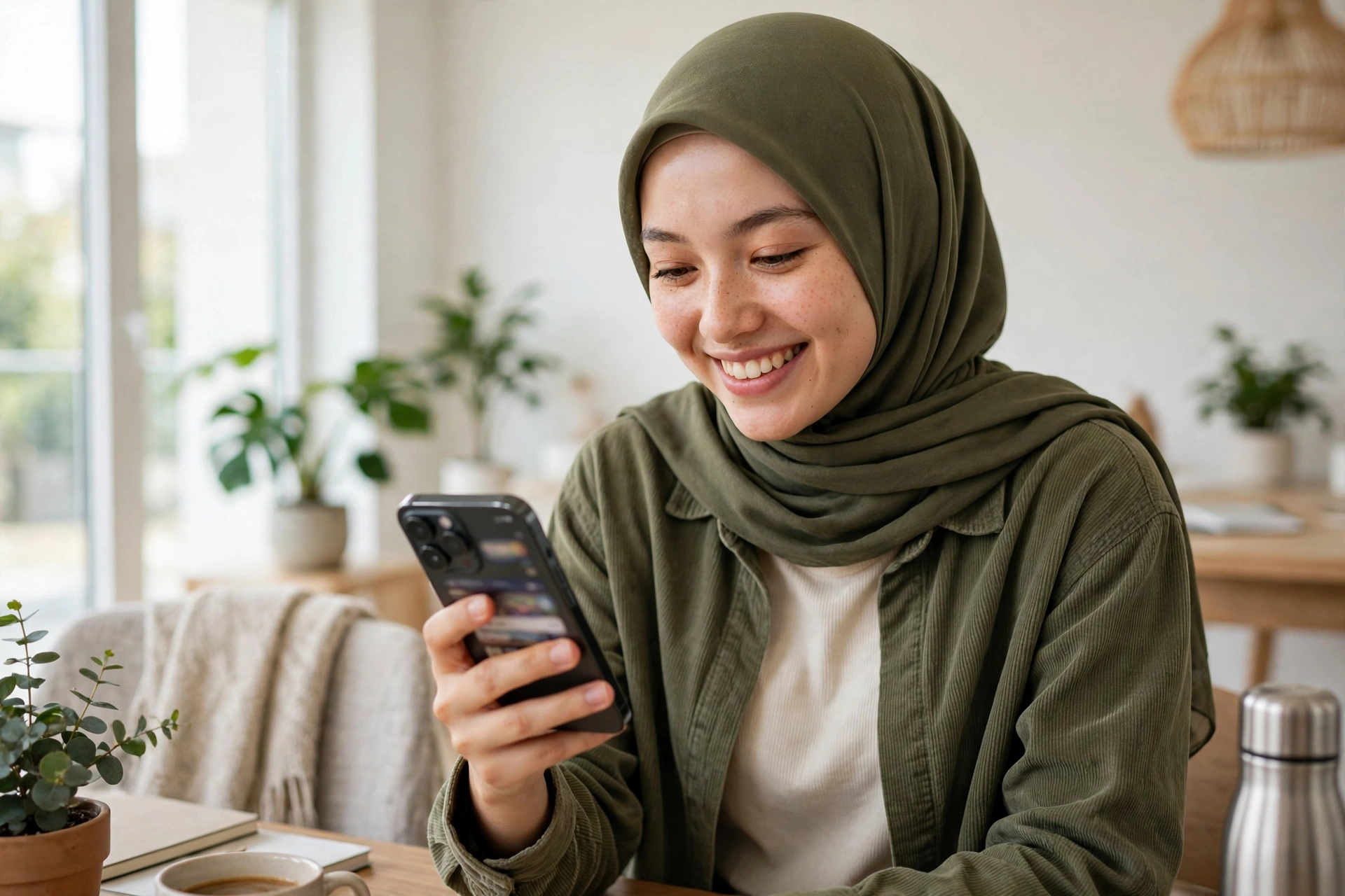شابة محجبة تجرب تطبيق آيفون طورته على موبايلها
