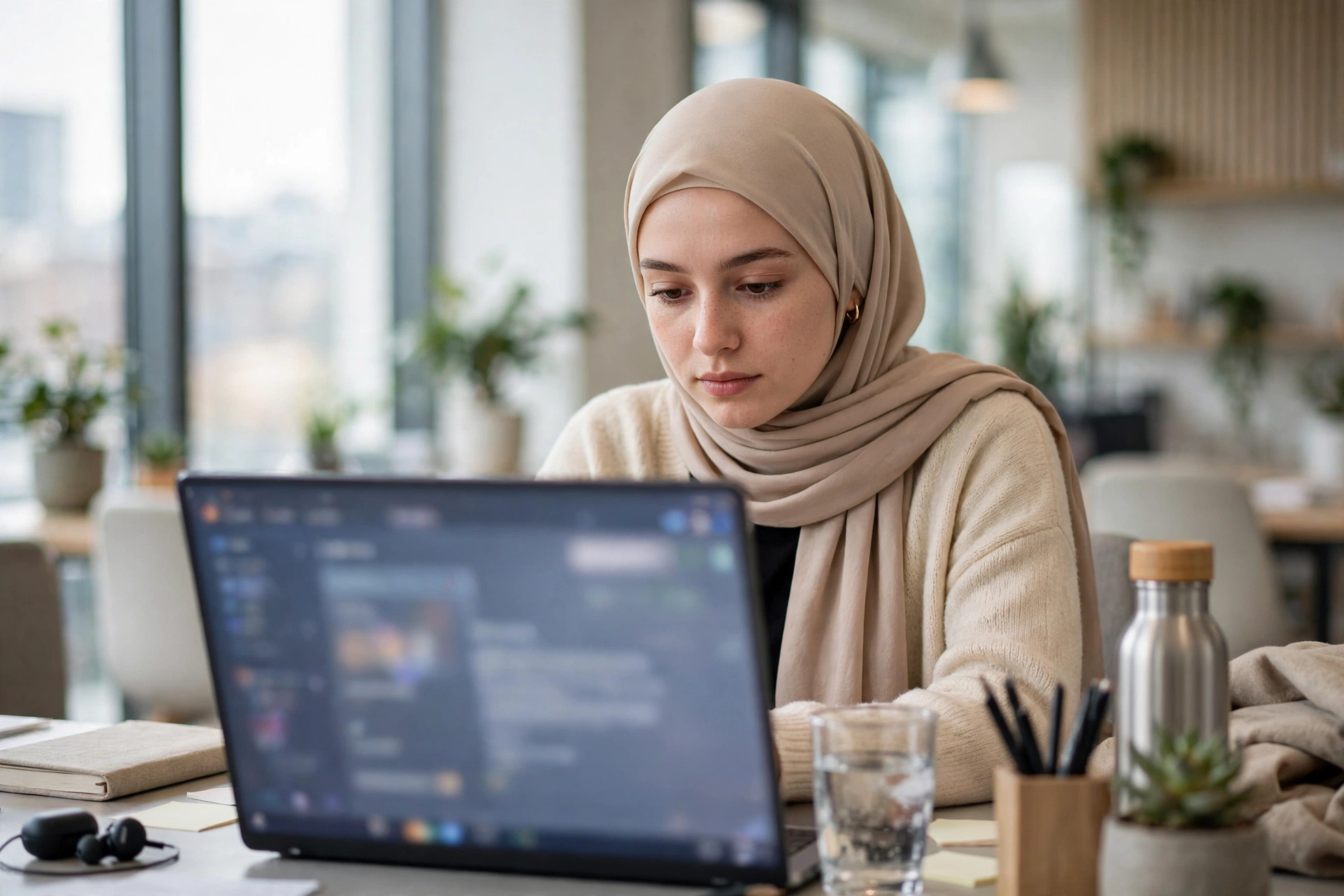 شابة محجبة تراجع إجابات وكيل ذكاء اصطناعي ومصادرها على اللابتوب