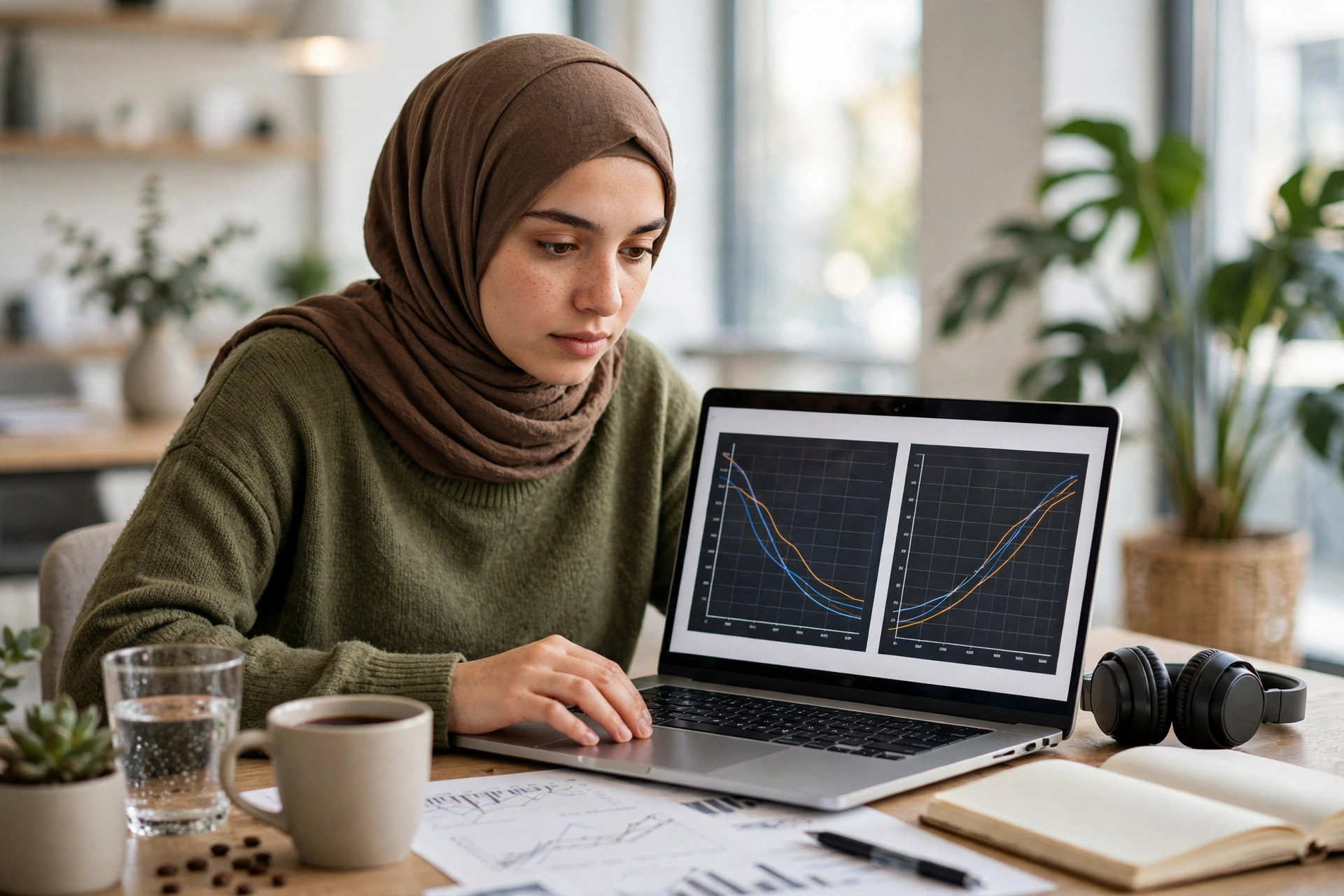 شابة محجبة تراجع نتائج تدريب نموذج تعلم عميق على اللابتوب