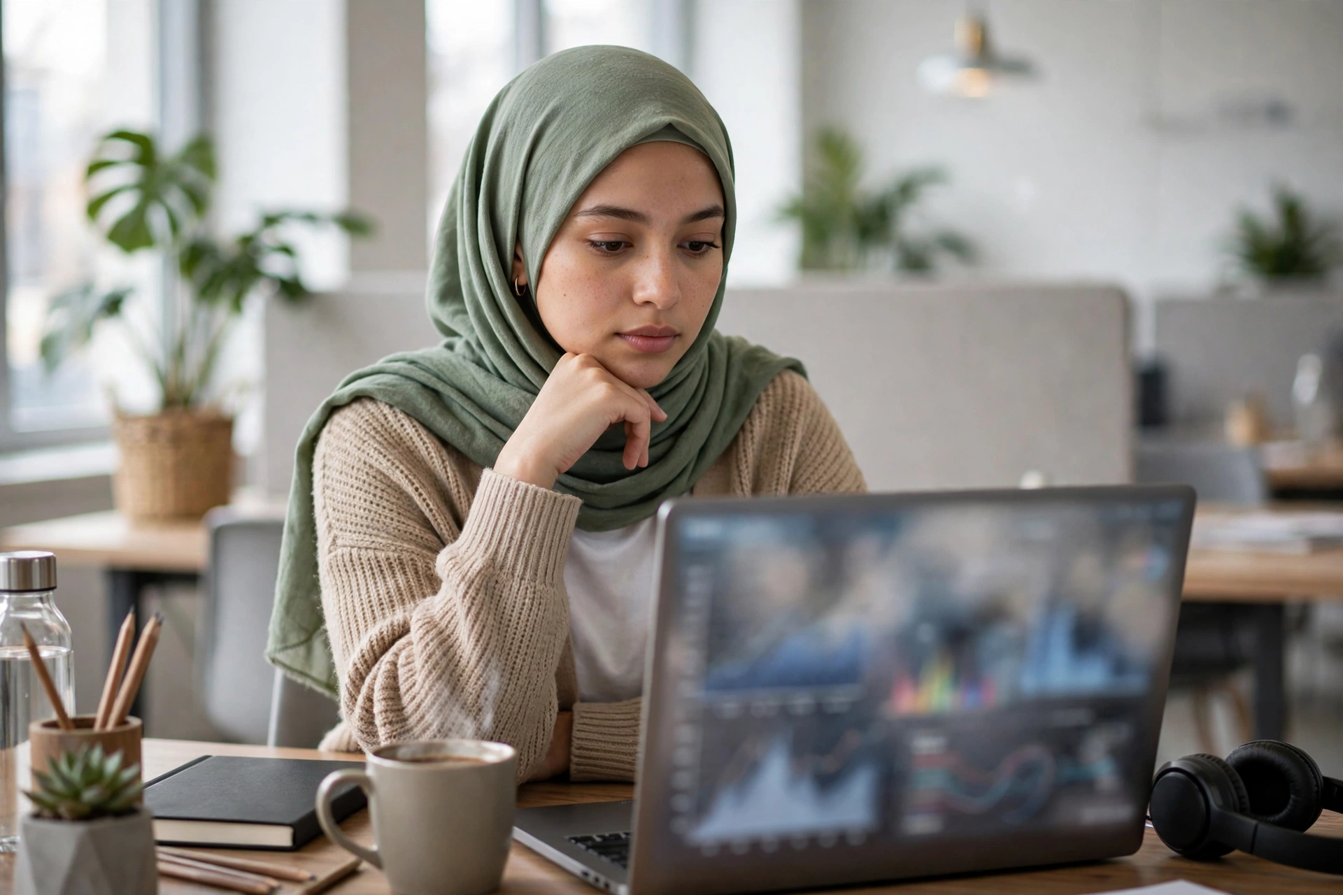 شابة محجبة تقيم نموذجا مدربا باستخدام TensorFlow على اللابتوب