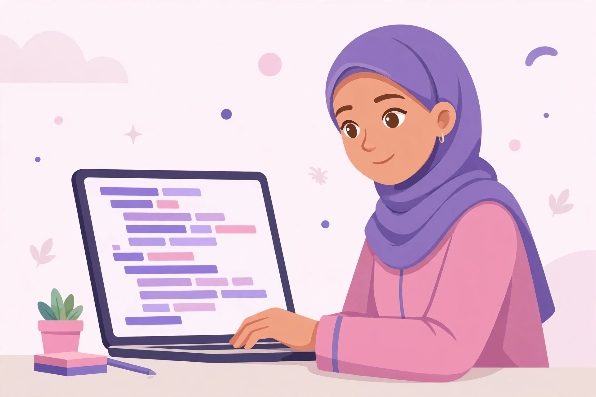 شابة محجبة تكتب كودا منظما على اللابتوب