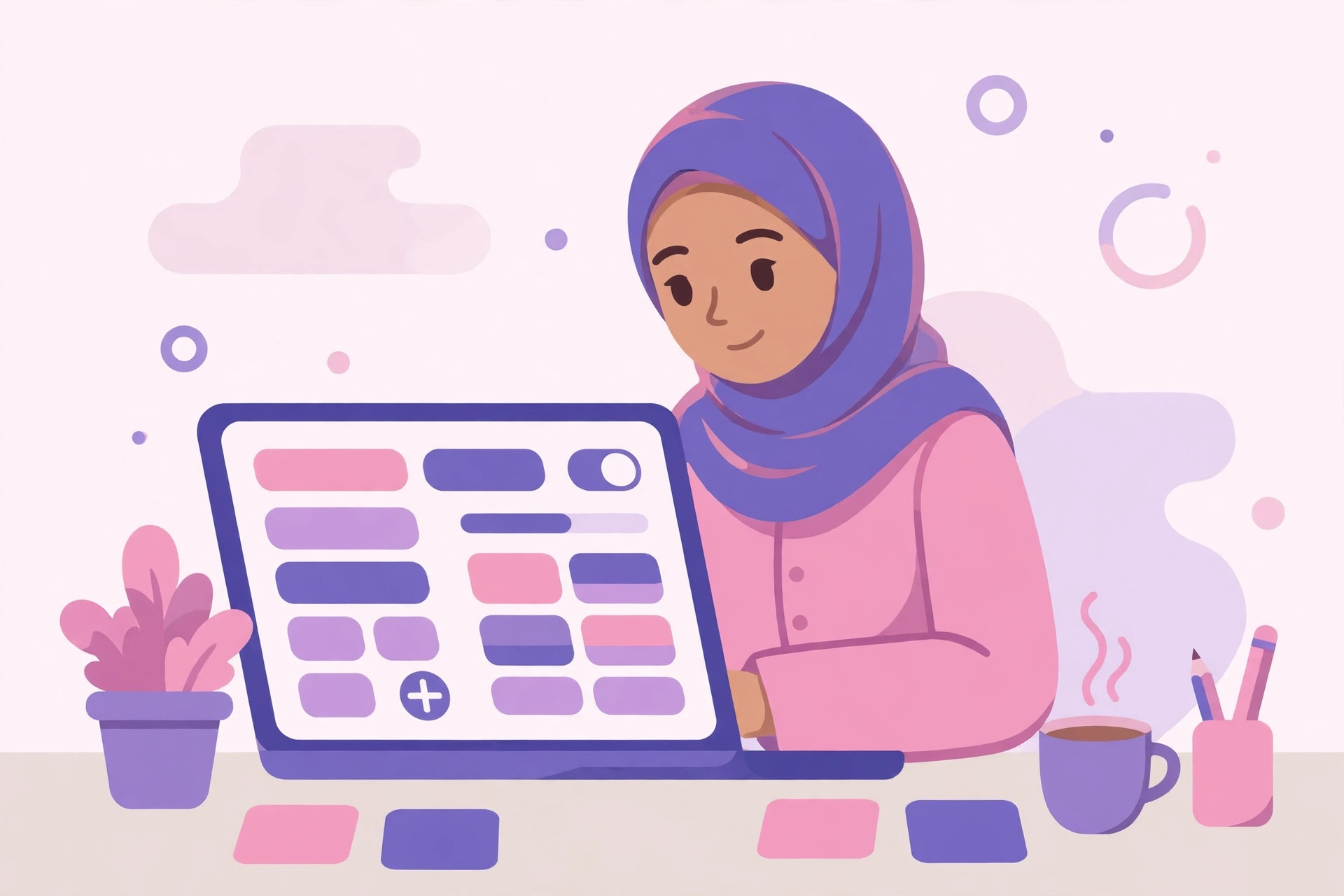 شابة محجبة تبني واجهة تطبيق تفاعلية على اللابتوب