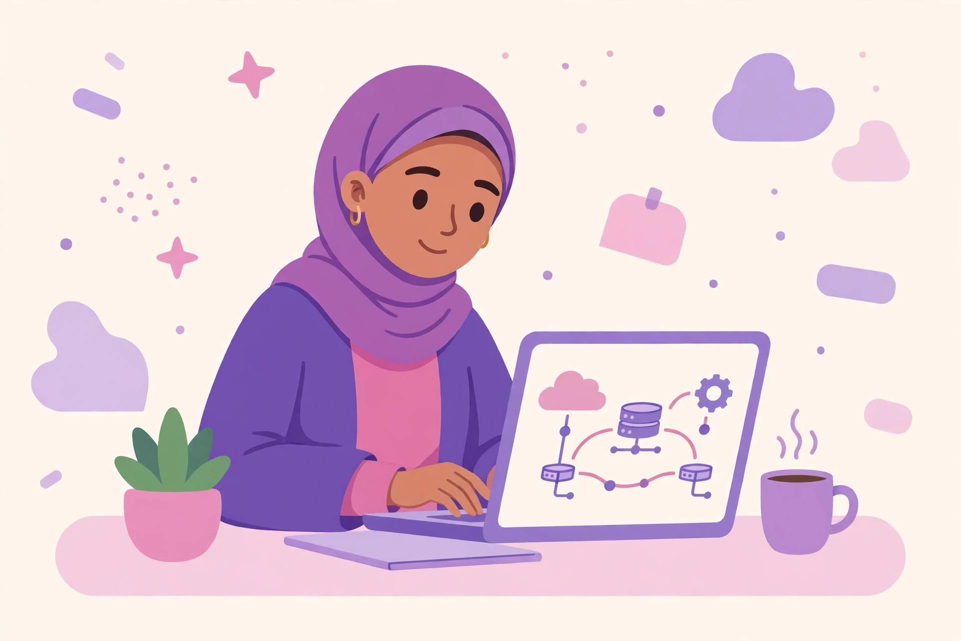 شابة محجبة تبني خدمة ويب على اللابتوب