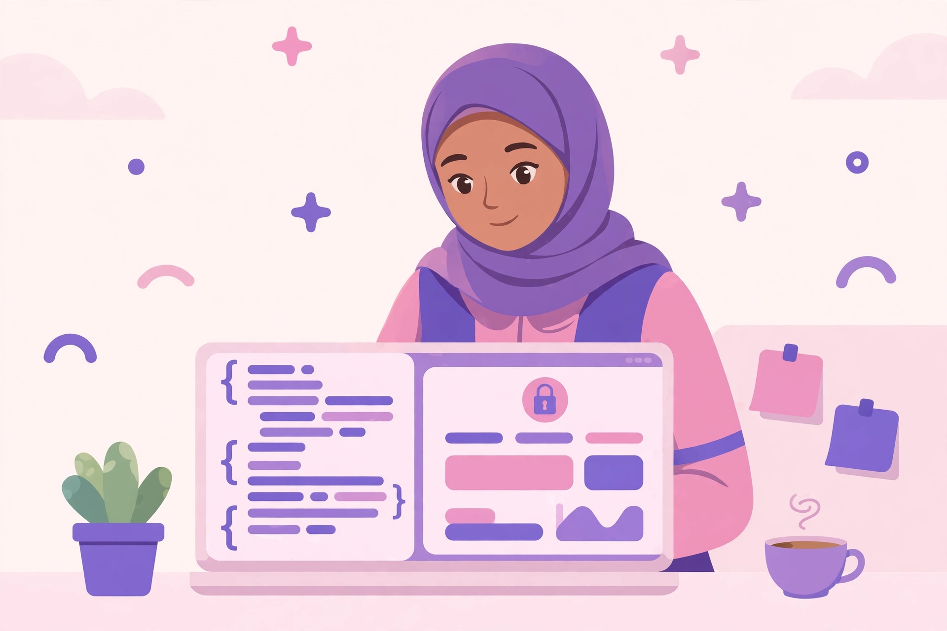 شابة محجبة تراجع كودا خلفيا آمنا على اللابتوب