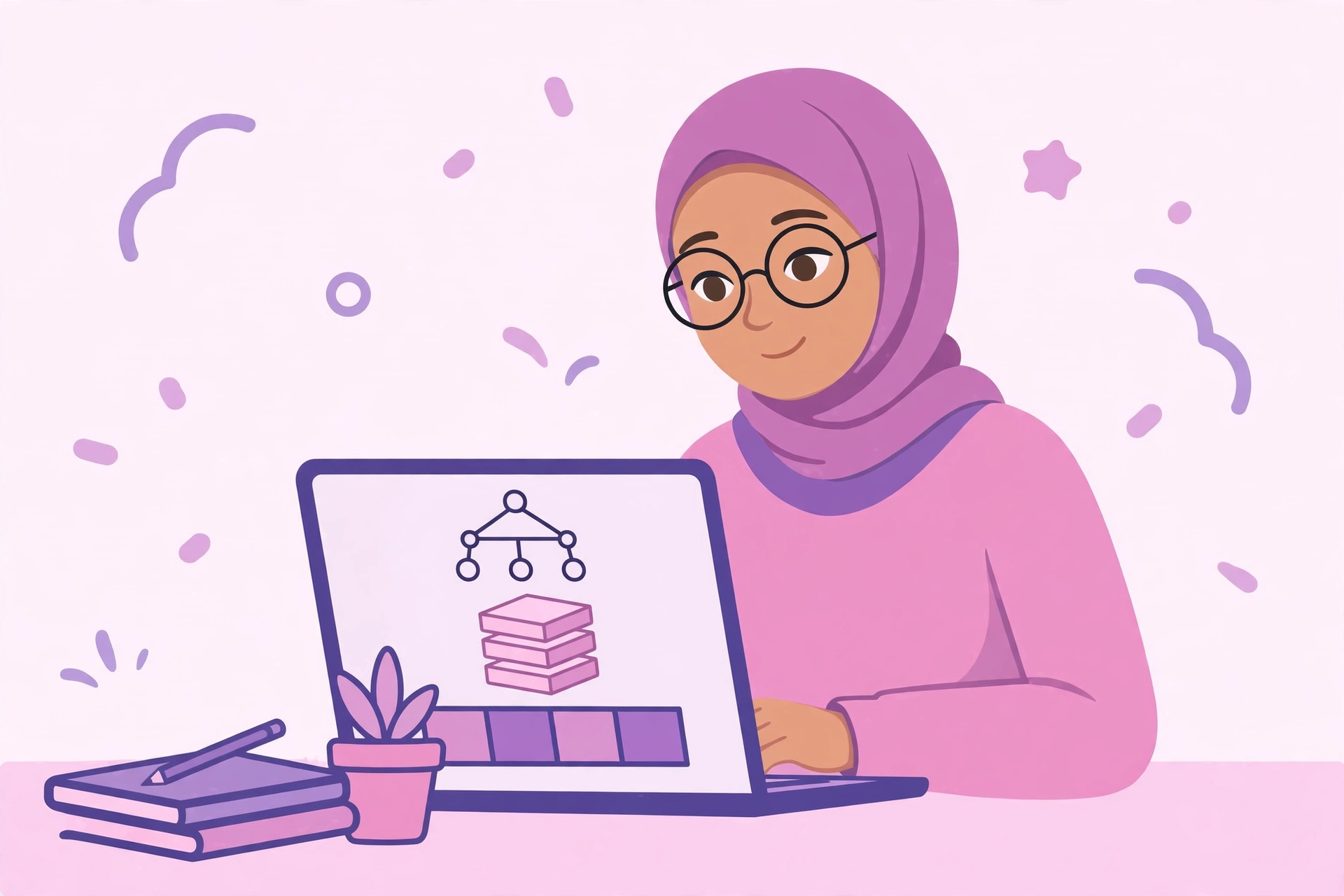شابة محجبة تتعلم هياكل البيانات والذاكرة على اللابتوب