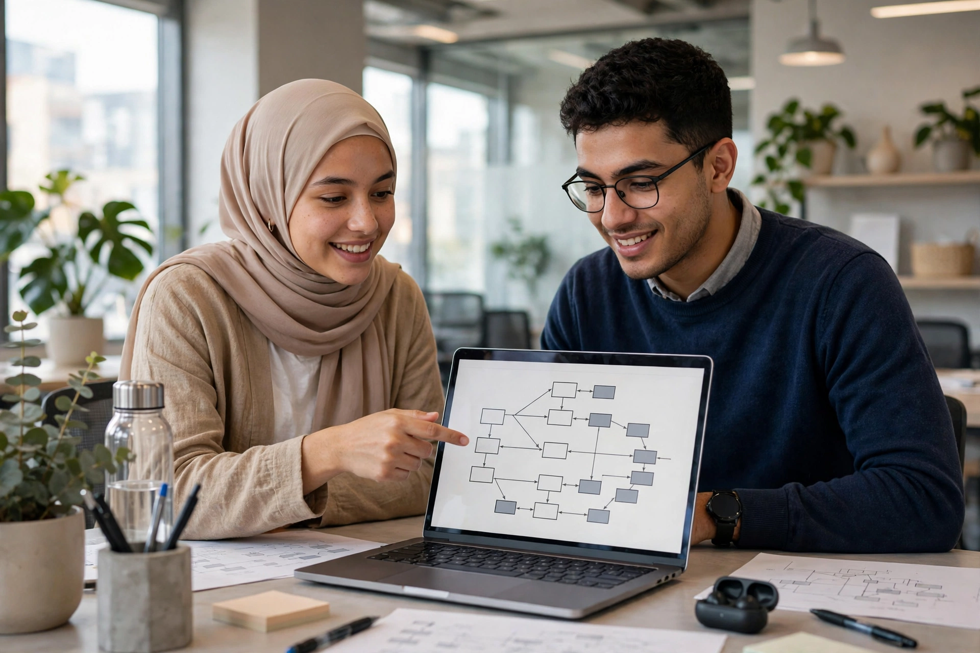 شابة محجبة تشرح مخطط فئات جافا على شاشة لابتوب
