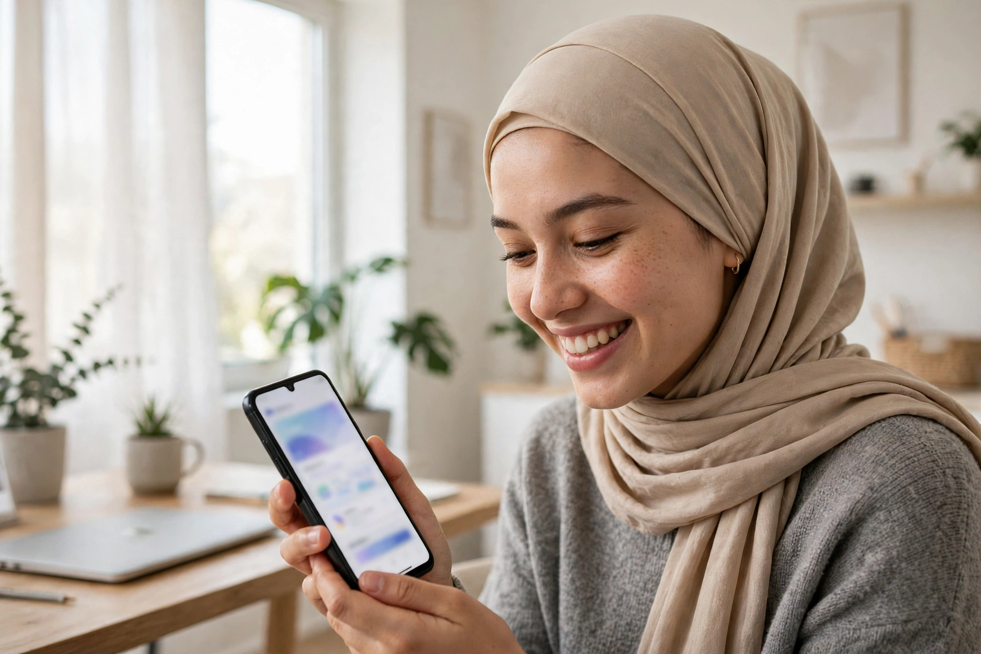 شابة محجبة تجرب تطبيق أندرويد طورته على موبايلها